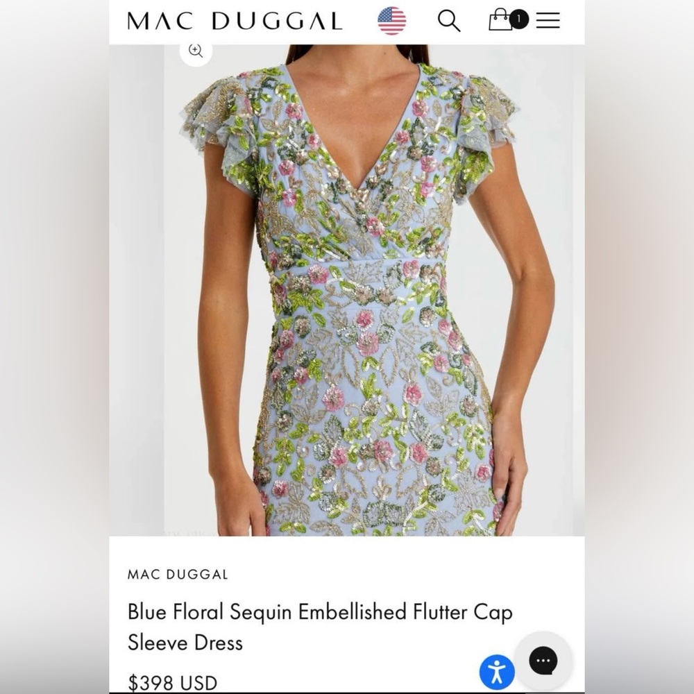 Mac Duggal Light Blue Floral Sequin Embellished Flutter Cap Sleeve